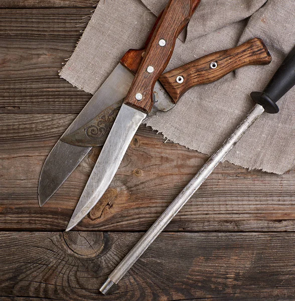 Couteau Avec Affûtage Sur Table Bois Vue Dessus — Photo