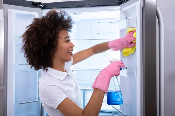 Junge Glückliche Putzfrau Beim Putzen Der Leeren Kühlschranktür Mit Sprühflasche — Stockfoto