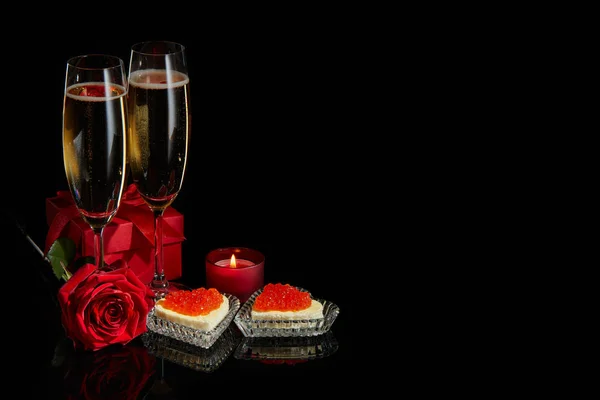 Two Wineglasses Champagne Gift Box Rose Two Canapes Red Caviar — Stock Photo, Image