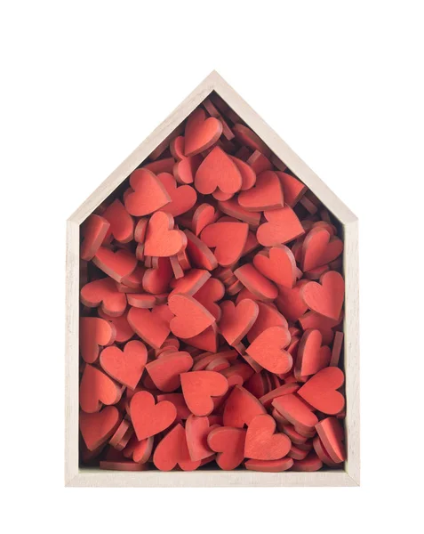 Casa Cheia Conceito Amor Casa Madeira Com Muitos Corações Vermelhos — Fotografia de Stock