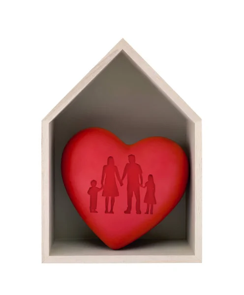 Casa Madera Corazón Rojo Con Forma Familia Impresa Aislada Blanco — Foto de Stock