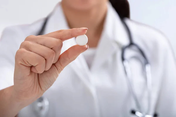 Close Female Doctor Stethoscope Her Neck Holding White Tablet Hand — Stok Foto