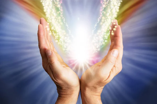 Close Person Hand Holding Light Shiny Background — Stock Photo, Image