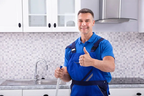 Portrait Happy Male Janitor Gesturing Thumbs Kitchen — Stock Photo, Image