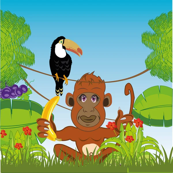 Állati Gorilla Banán Háttér Zöld Dzsungel — Stock Fotó
