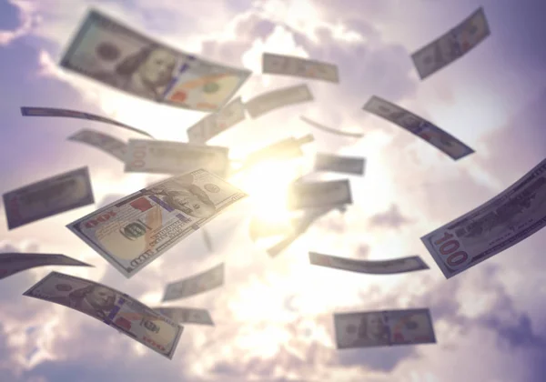 Regnet Geld Vom Himmel Überall Fallen Amerikanische Dollarscheine Konzept Des — Stockfoto