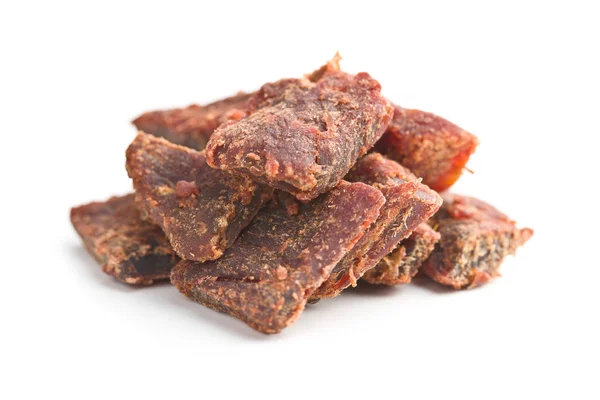Beef Jerky Pieces Isolated White Background Marinated Dried Meat — Stock Photo, Image