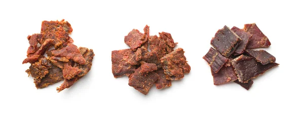 Beef Jerky Pieces Isolated White Background Marinated Dried Meat — Stock Photo, Image