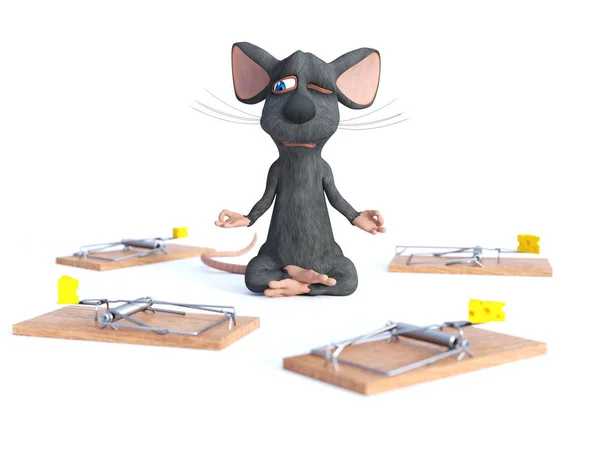 Kreskówka Mysz Jogę Siedząc Pozycji Lotosu Rąk Pozy Mudra Podbródek — Zdjęcie stockowe