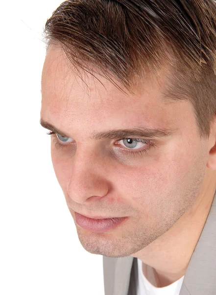 Portrét Mladého Muže Tvář Detailním Záběru Shlížející Dolů Jeho Modré — Stock fotografie