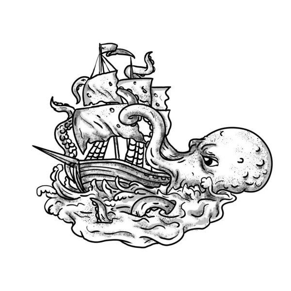 Tatuering Stil Illustration Kraken Legendarisk Bläckfisk Liknande Jätte Havsmonster Attackerar — Stockfoto