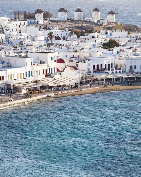 Panoramautsikt Över Staden Mykonos Hamn Med Berömda Väderkvarnar Från Ovanstående — Stockfoto