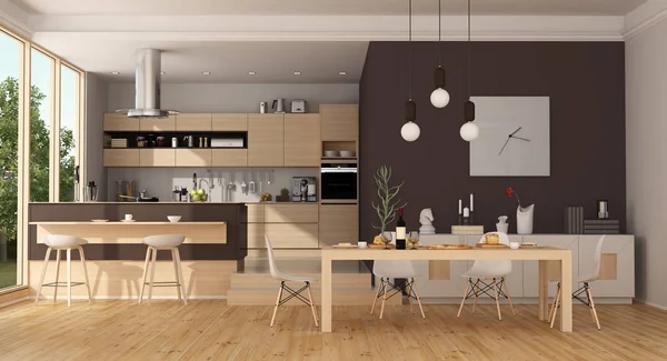 Moderne Houten Keuken Met Eiland Eettafel Rendering — Stockfoto