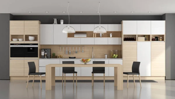 Houten Witte Moderne Keuken Met Eettafel Rendering — Stockfoto