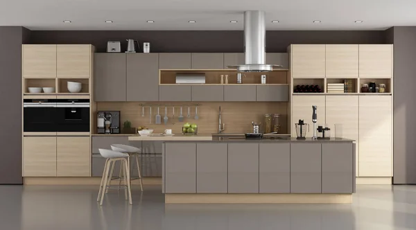 Houten Bruine Moderne Keuken Met Eiland Rendering — Stockfoto