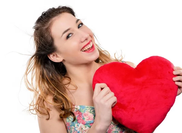 Una Joven Muy Sonriente Con Corazón Rojo Sobre Blanco — Foto de Stock