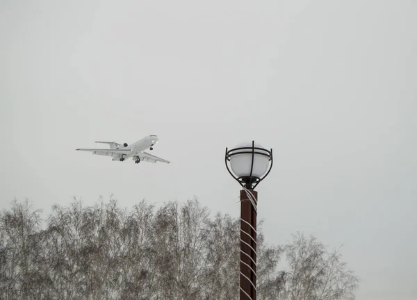 Avião Voa Baixo Sobre Parque Cidade Árvores Céu Inverno Nublado — Fotografia de Stock