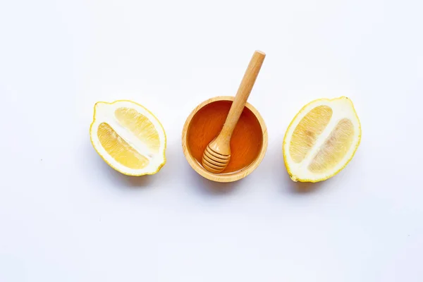 Miel Con Limón Sobre Fondo Blanco Copiar Espacio — Foto de Stock