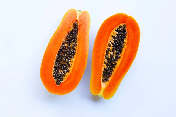 Half Ripe Papaya Fruit Seeds Isolated White Background — Stock Photo, Image
