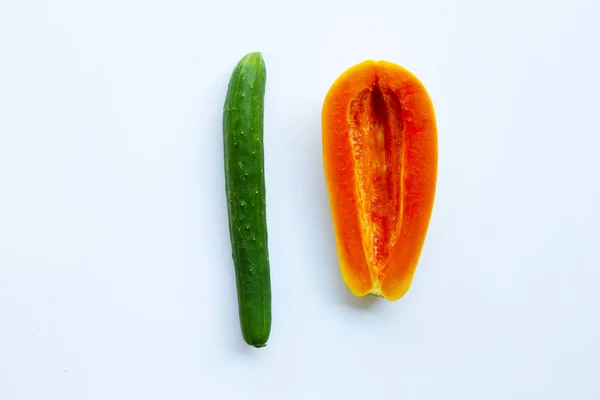 Cucumber Papaya White Background Sex Concept — Stock Photo, Image