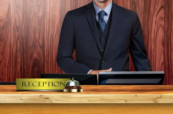 Male Receptionist Reception Front Desk Waiting Serve Hotel Guest — Stock Photo, Image