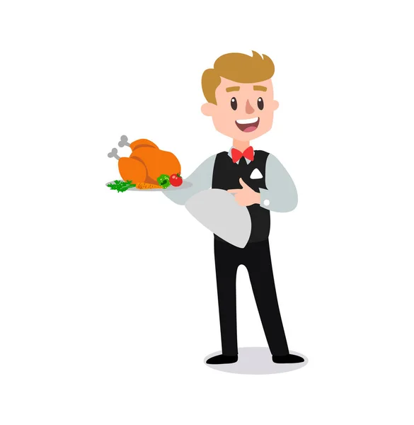 Waiter Wearing Uniform Holding Dish Chicken Cartoon Character Set Fun — Stock Photo, Image