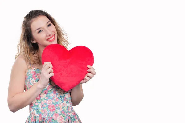 Pretty Smiling Young Woman Red Heart White Stock Photo