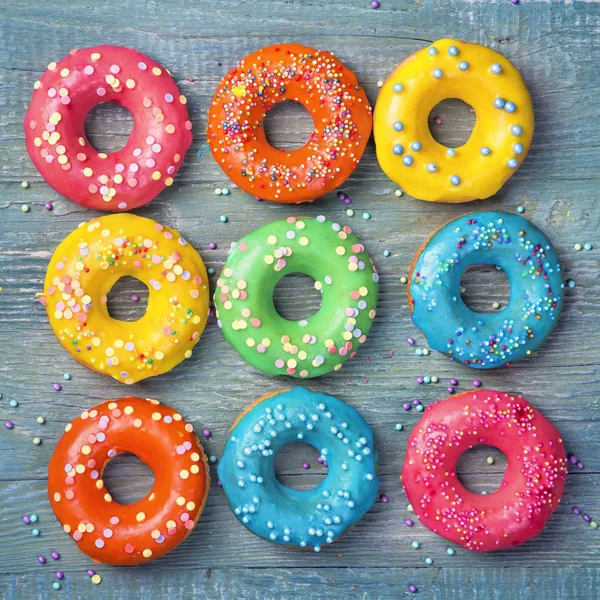 Colorful Donuts Wooden Blue Background — Stock Photo, Image