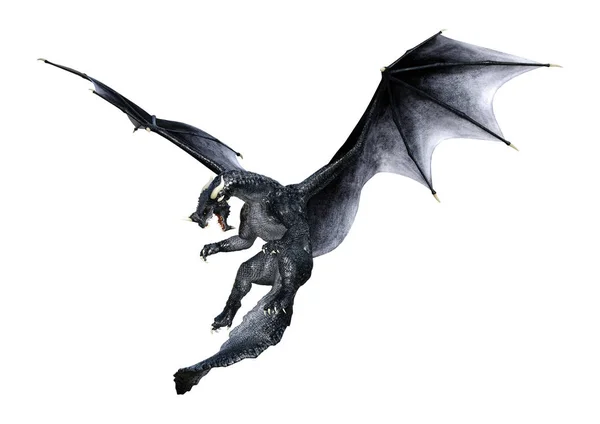 Візуалізація Чорного Фантастичного Дракона Ізольовано Білому Тлі — стокове фото
