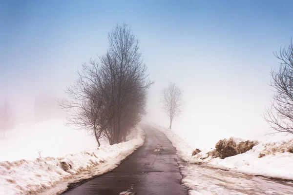 Melting Snow Mountain Country Road Carpathians Weather Forecast Early Spring — Stock Photo, Image