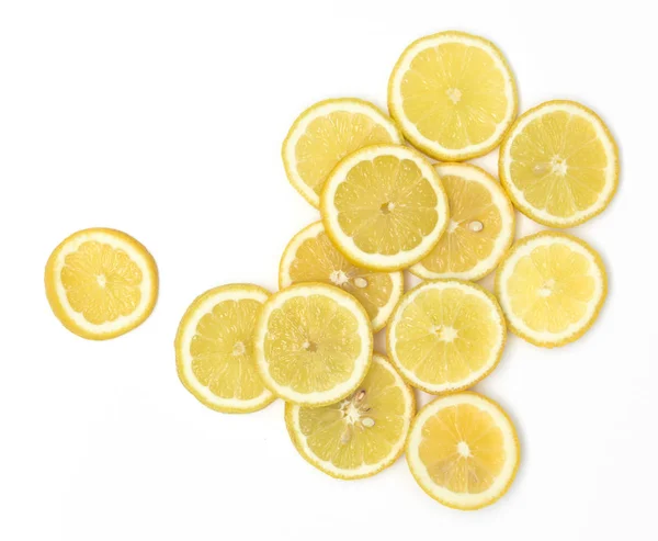 Many Fresh Lemon Slices Lie Beautifully Arranged White Background — Stock Photo, Image