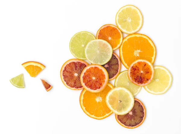 Many Fresh Healthy Orange Slices Zironen Slices Lime Slices Kumquat — Stock Photo, Image