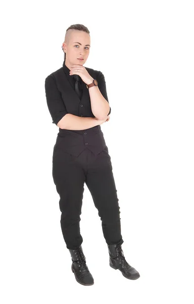 Une Jeune Belle Femme Debout Dans Une Chemise Pantalon Noirs — Photo