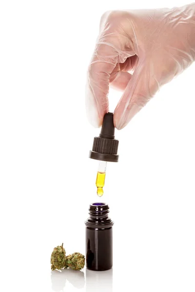 Hand Holding Bottle Cannabis Oil Pipette Isolated White Cbd Concept — Stock Photo, Image