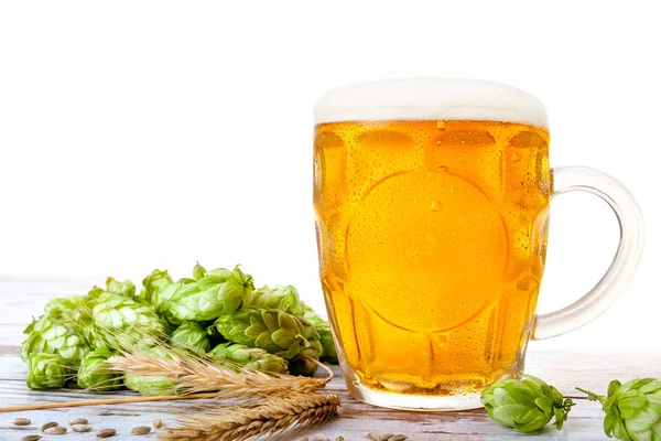 Glas Bier Mit Hopfen Und Gerste Auf Holztisch — Stockfoto
