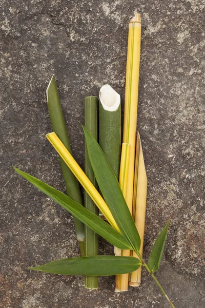 Round bamboo sticks with leaves on stone background from above. Ecological raw material.