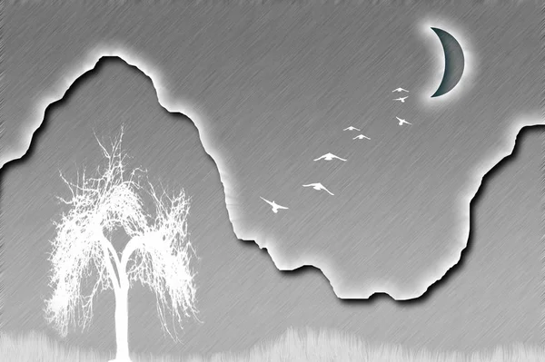 Composición Con Árbol Místico Blanco Las Aves Vuelan Luna Llena —  Fotos de Stock