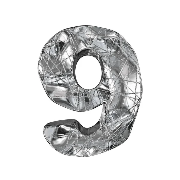 Folii Aluminiowej Grunge Czcionki Numer Dziewięć Render Ilustracja Białym Tle — Zdjęcie stockowe