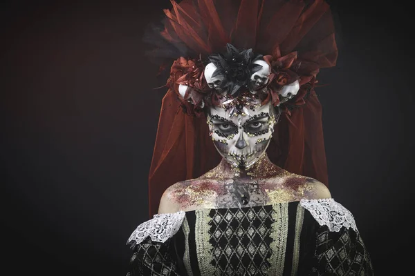 Santa Muerte Young Girl Artistic Halloween Makeup Sculls Her Hair — Stock Photo, Image