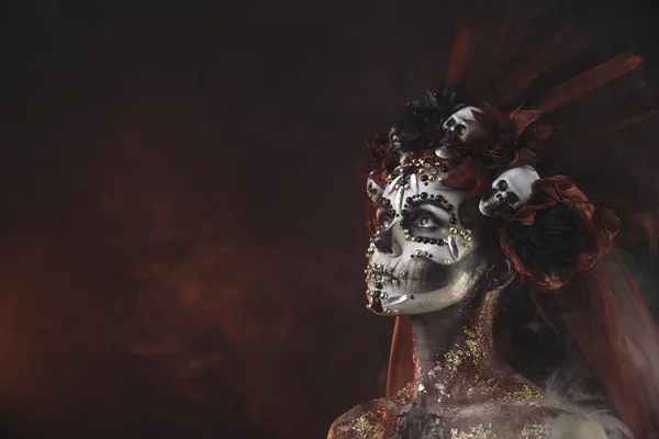 Santa Muerte Young Girl Artistic Halloween Makeup Sculls Her Hair — Stock Photo, Image