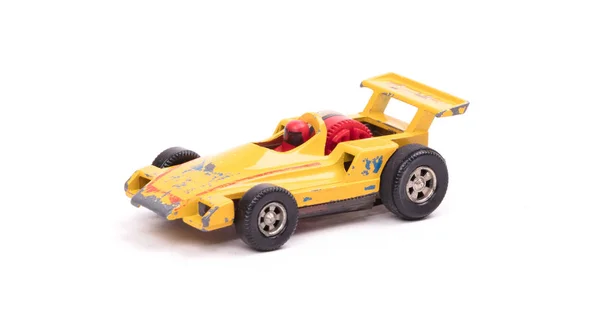 Carro Brinquedo Metal Amarelo Isolado Branco — Fotografia de Stock