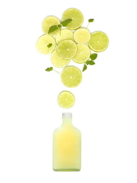 Bottle Fresh Healthy Lime Juice Standing Many Lime Slices Mint — Stock Photo, Image