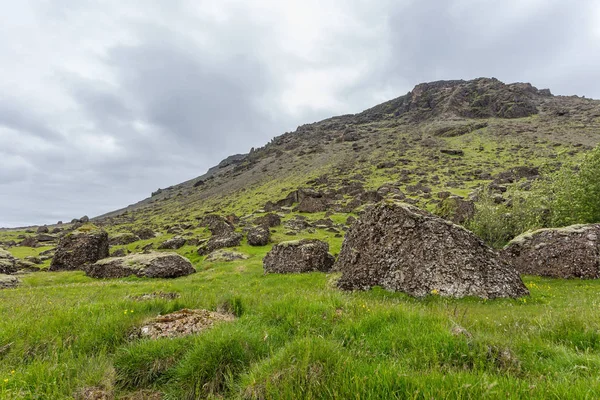 Grönt Berg Lutning Island Täckt Gräs Med Stora Stenar Förgrunden — Stockfoto