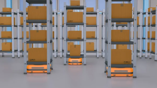 Små Robotar Transporterar Hyllor Ett Lagerställe Begreppet Lager Automation Och — Stockfoto