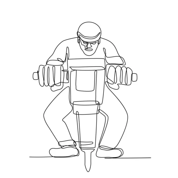 Continuous line illustration of construction worker with jackhammer, a portable  pneumatic or electro-mechanical tool that is a hammer and drill done in black and white monoline style.
