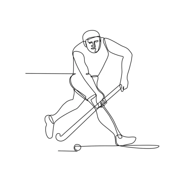 Continuous line illustration of a field hockey player with hockey stick running about to hit ball done in black and white monoline style.