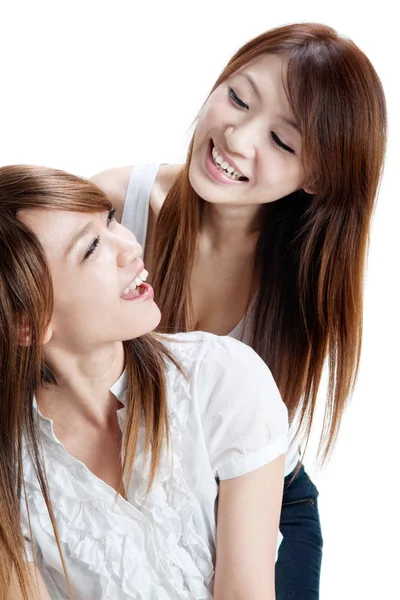Junge Asiatin Gespräch Mit Ihrem Freund Isoliert Auf Weißem Hintergrund — Stockfoto