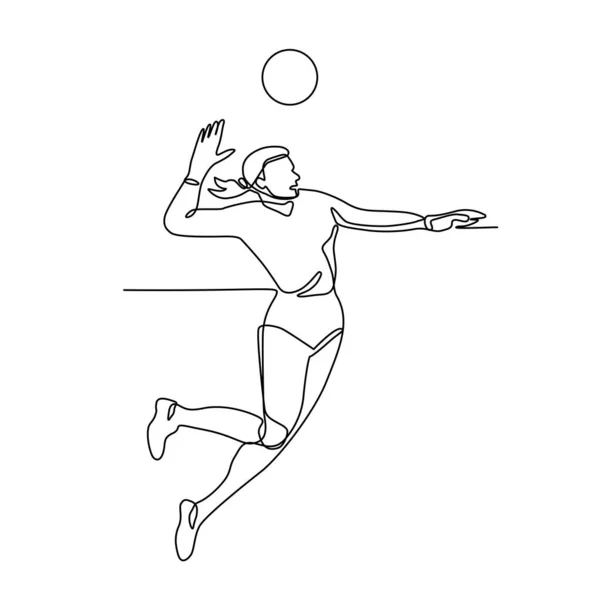 连续的线插图的女排运动员跳跃和尖刺球从侧面做的黑色和白色单素风格 — 图库照片