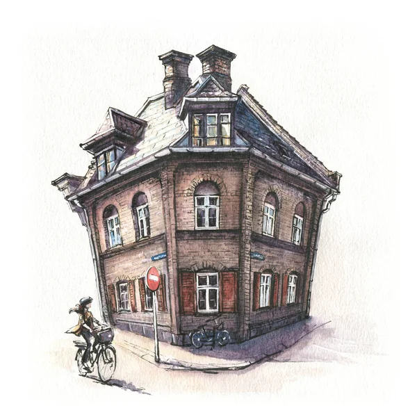 丹麦首都哥本哈根 Nyboder 区典型丹麦房屋的水彩画 — 图库照片
