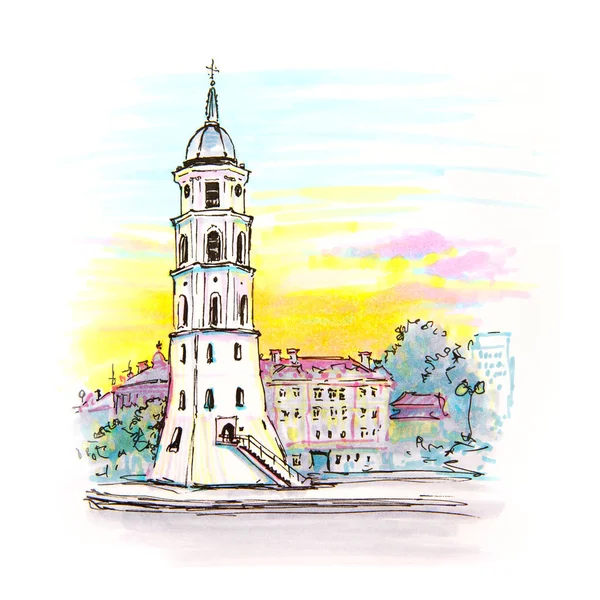 Color Hand Drawing Gediminas Bell Tower Sunset Vilnius Lithuania Picture — Stock Photo, Image